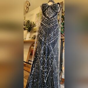 Elegant Black and Silver Beaded Evening Gown